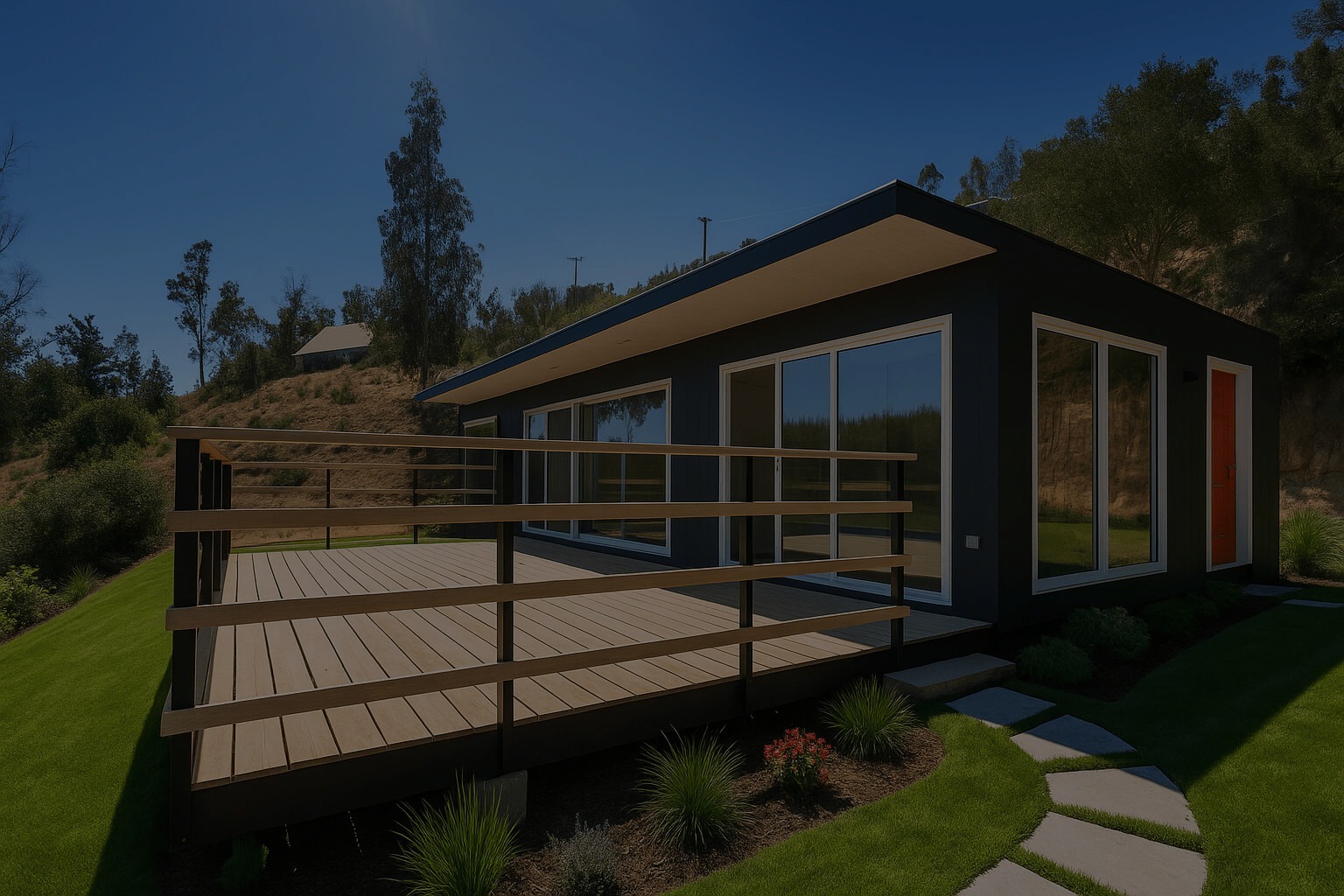 Mejoramiento-casa-pitama-1 Vista exterior de una casa modular contemporánea con revestimiento oscuro, terraza de madera y jardín.