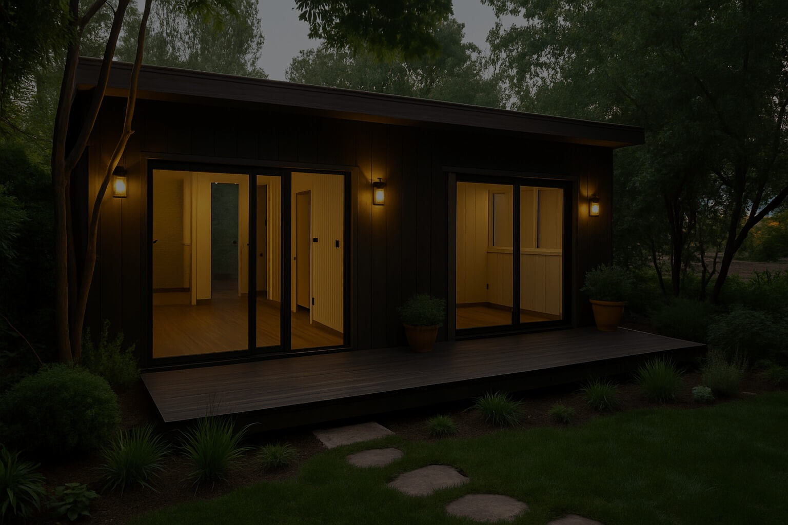 casa-mejorada-renata Casa modular de color oscuro con luces exteriores encendidas, vista desde el jardín al atardecer.