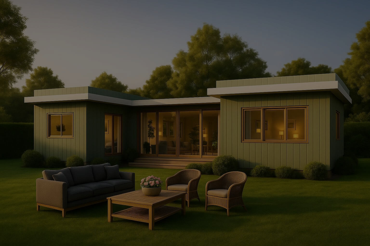 Diseño de casa modular de un piso con siding vertical verde, techo plano blanco y conexión directa al jardín.