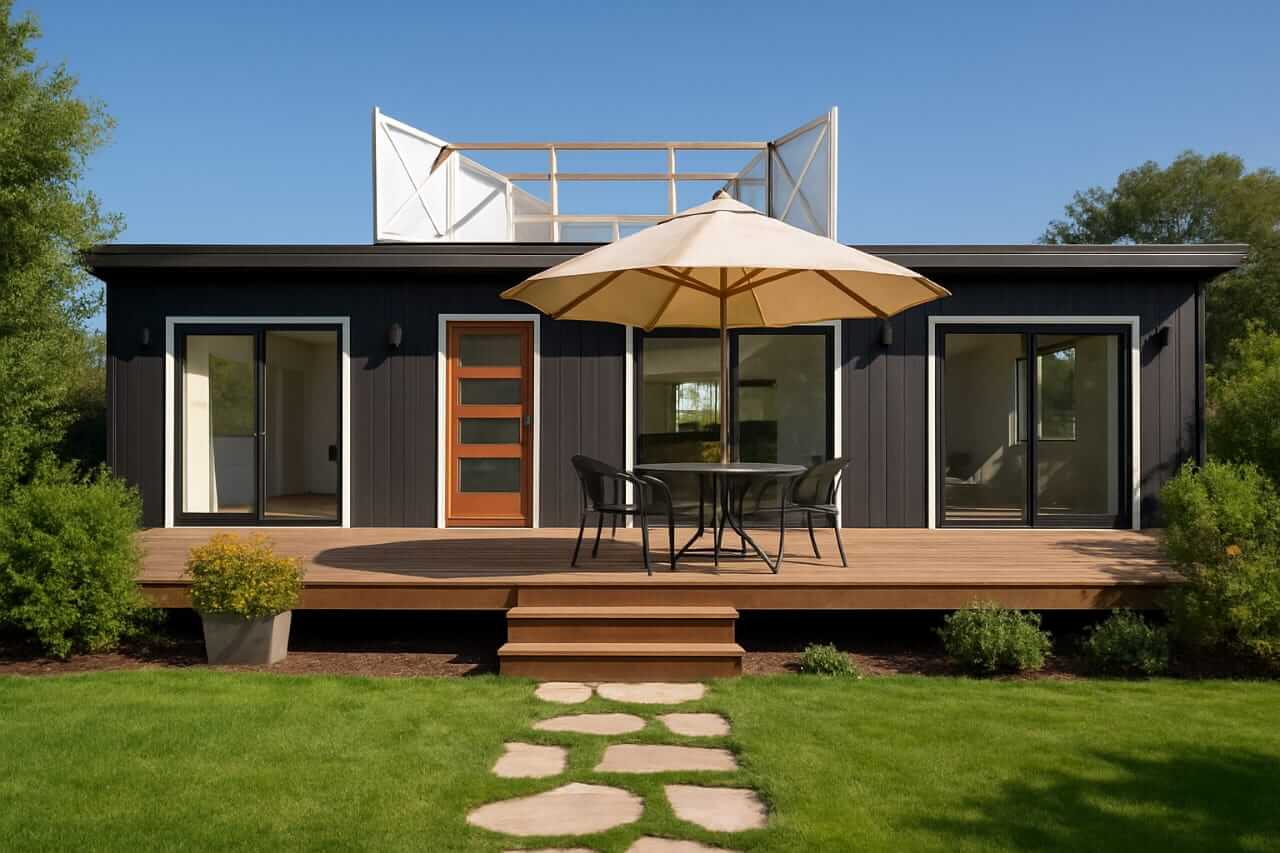 Casa modular moderna con revestimiento oscuro, una gran terraza de madera con muebles de exterior y una puerta de entrada de madera.